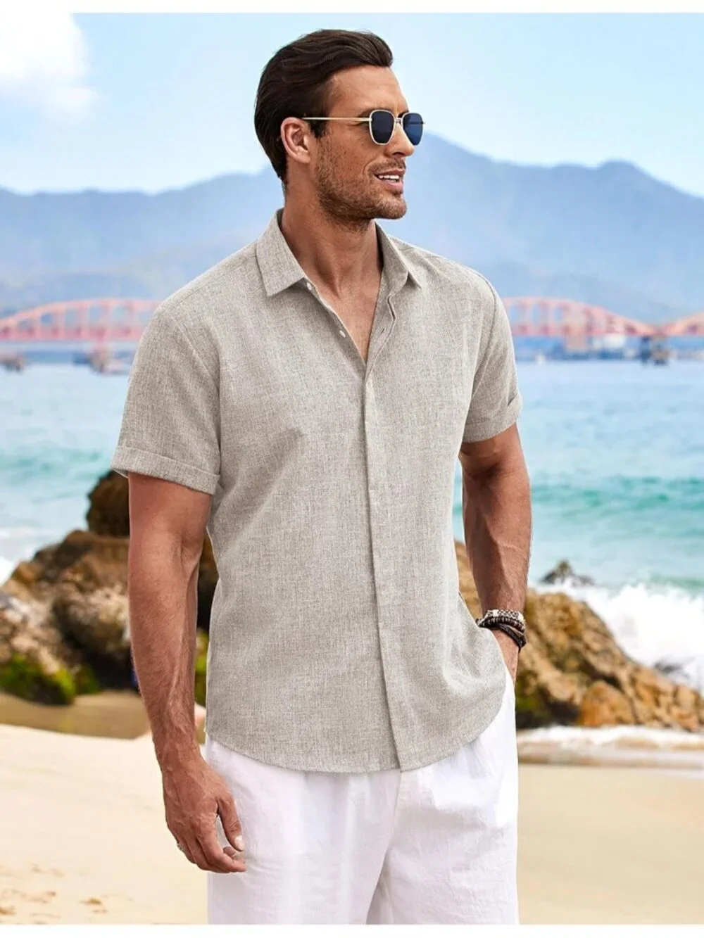 Men's Stone Beach Linen Short Sleeve Casual Wedding Shirts Button Down